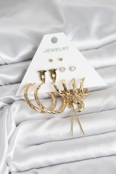 Gold Renk Pirinç 6'lı Kadın Küpe Seti - TJ-BKP11322 ürün görseli