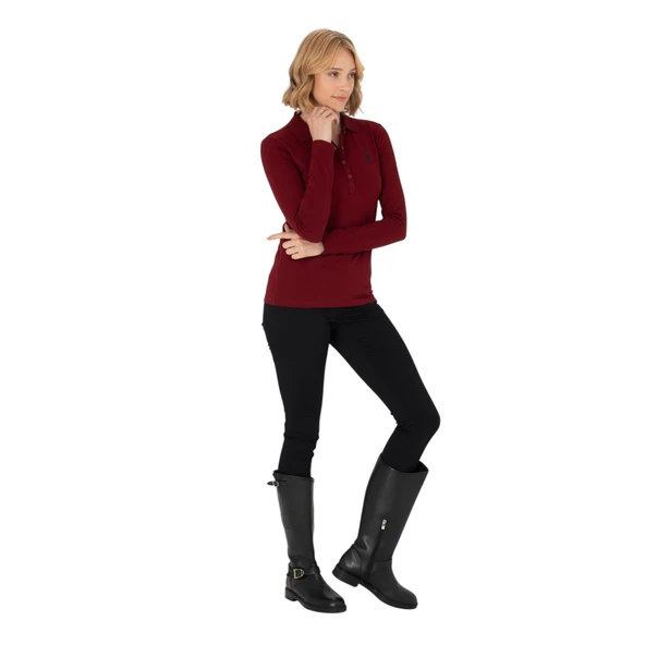 Kadın Bordo Basic Polo Yaka Sweatshirt - Resim 5