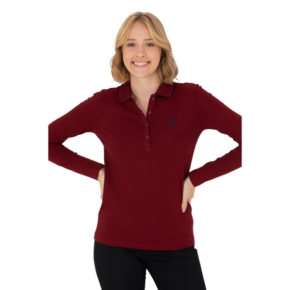 Kadın Bordo Basic Polo Yaka Sweatshirt - Resim 4