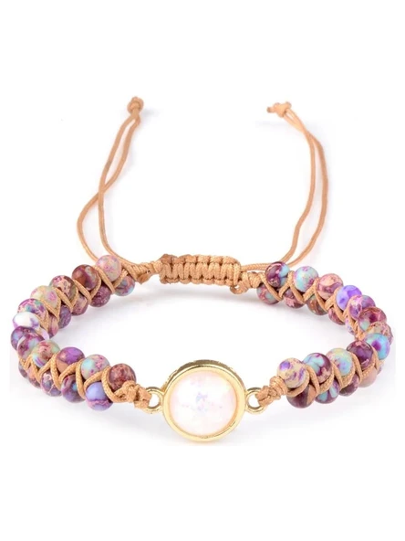 Valkyrie Doğal Taşlı Opal Merkezli Mor-Turkuaz Boncuklu Makrome Bileklik – Ayarlanabilir El Yapımı Kadın Bileklik
