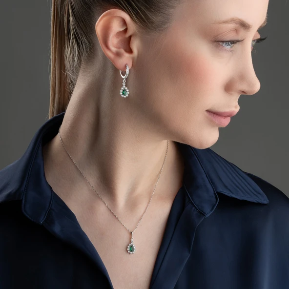 Vaoov 925 Ayar Gümüş Yeşil Damla Taşlı Set - Resim 5