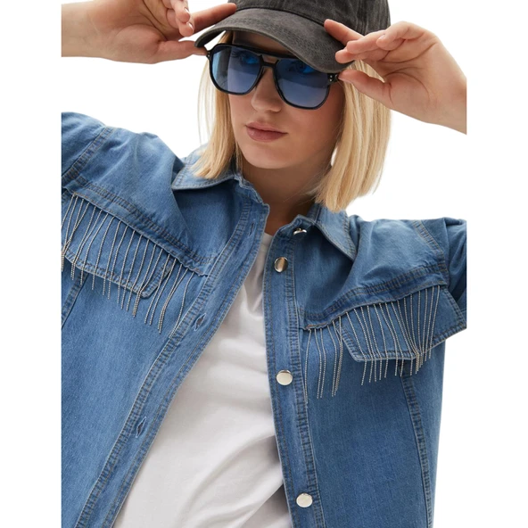 Saçaklı Detaylı Kot Ceket Mavi - Resim 6