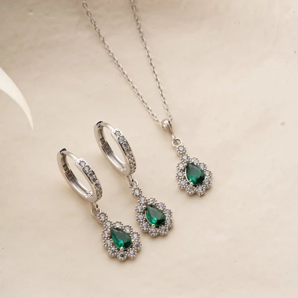 Vaoov 925 Ayar Gümüş Yeşil Damla Taşlı Set - Resim 2
