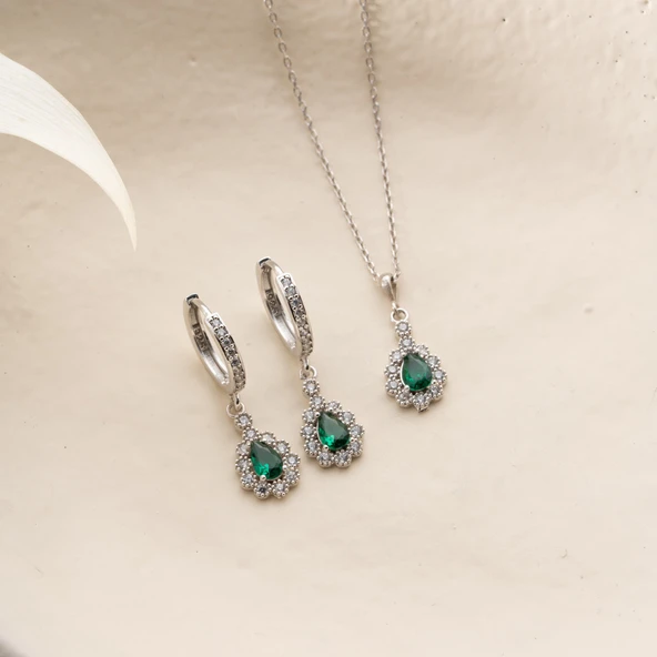 Vaoov 925 Ayar Gümüş Yeşil Damla Taşlı Set - Resim 6