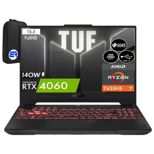Asus Tuf Gaming A15 FA507NVR-LP099EP4 Ryzen 7-7435HS 16GB Ram 1tb SSD RTX4060 8gb 140W 15.6'' WIN11 Pro 144Hz + Elektropasaj Çanta