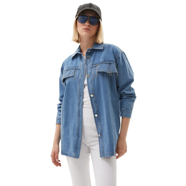 Saçaklı Detaylı Kot Ceket Mavi - Resim 5