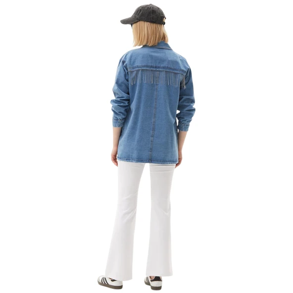 Saçaklı Detaylı Kot Ceket Mavi - Resim 8