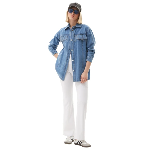 Saçaklı Detaylı Kot Ceket Mavi - Resim 2