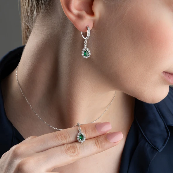 Vaoov 925 Ayar Gümüş Yeşil Damla Taşlı Set - Resim 4