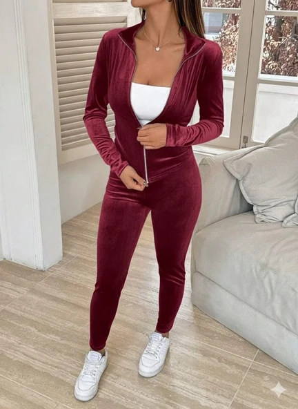 MDB Kadın Uzun Kollu önden Fermuarlı Kadife Bluz Ve Pantolon Ikili Takım - Resim 3