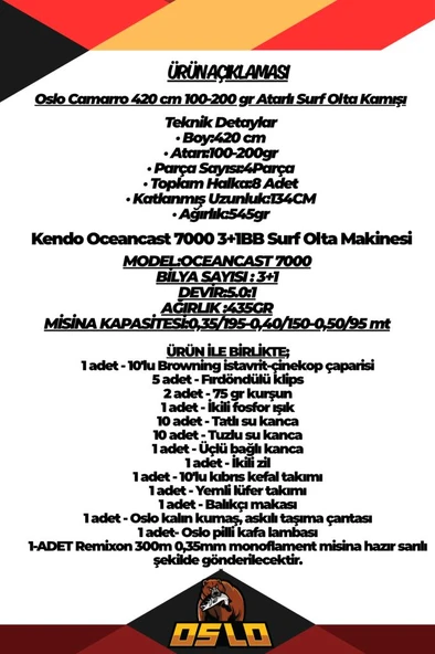 Oslo Camarro 420cm 100-250gr Kendo Oceancast 7000 Surf Olta Seti - Resim 2