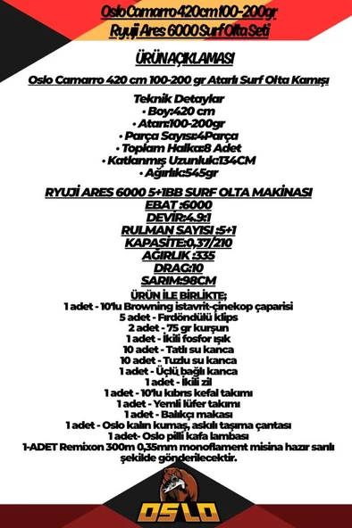 Oslo Camarro 420cm 100-200gr Ryuji Ares 6000 Surf Olta Seti - Resim 2