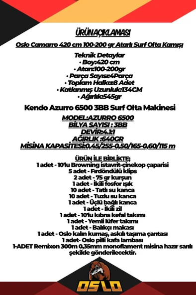 Oslo Camarro 420cm 100-200gr Kendo Azurro 6500 Surf Olta Seti - Resim 2