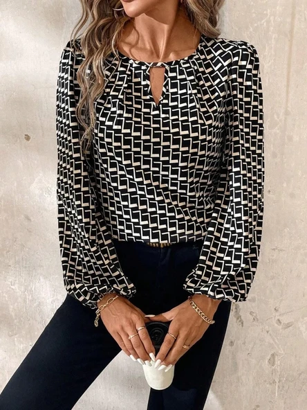 MDB Kadın Uzun Kollu Damla Detaylı Yaka Desenli Süprem Bluz - Resim 4