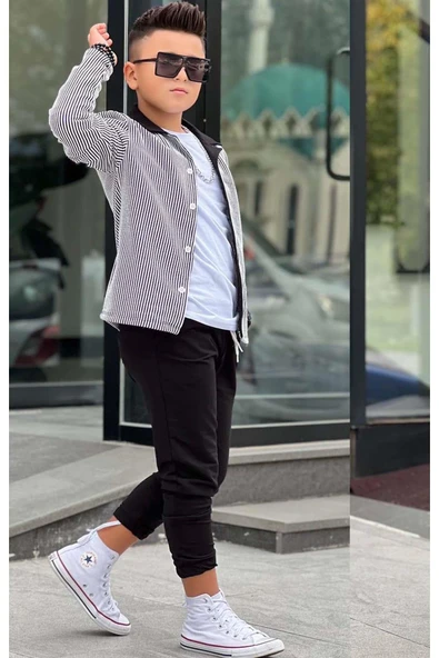 Erkek Çocuk Su Yolu Çizgili Ceket Penye Kazak 2 İplik Pantolon Siyah Alt Üst Takım - 3