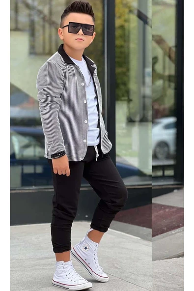 Erkek Çocuk Su Yolu Çizgili Ceket Penye Kazak 2 İplik Pantolon Siyah Alt Üst Takım - 5