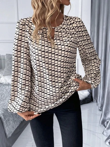 MDB Kadın Uzun Kollu Damla Detaylı Yaka Desenli Süprem Bluz - Resim 3