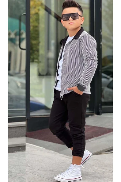 Erkek Çocuk Su Yolu Çizgili Ceket Penye Kazak 2 İplik Pantolon Siyah Alt Üst Takım - 4