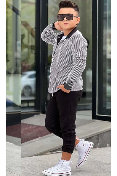 Erkek Çocuk Su Yolu Çizgili Ceket Penye Kazak 2 İplik Pantolon Siyah Alt Üst Takım - 6