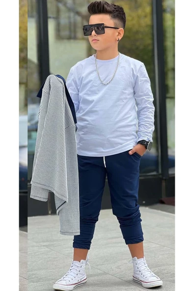 Erkek Çocuk Su Yolu Çizgili Ceket Penye Kazak 2 İplik Pantolon Lacivert Alt Üst Takım - 3