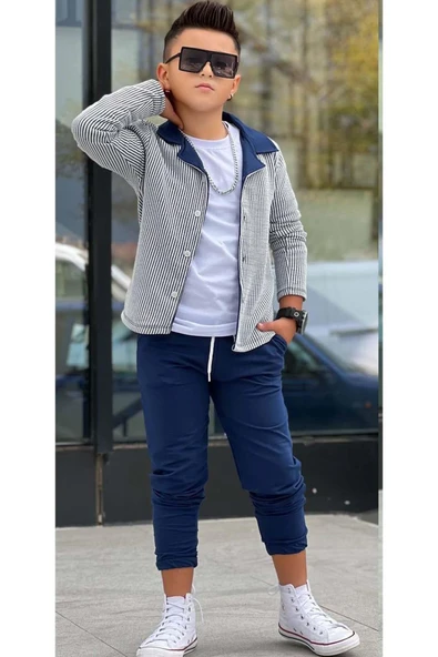 Erkek Çocuk Su Yolu Çizgili Ceket Penye Kazak 2 İplik Pantolon Lacivert Alt Üst Takım - 4