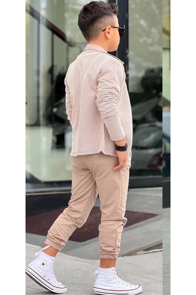Erkek Çocuk Su Yolu Çizgili Ceket Penye Kazak 2 İplik Pantolon Krem Alt Üst Takım - 3