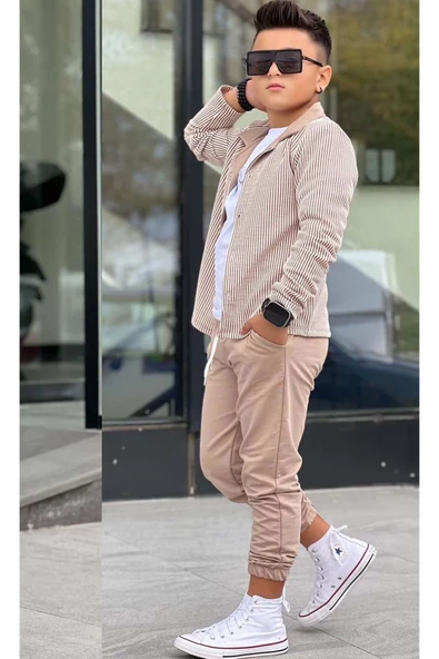 Erkek Çocuk Su Yolu Çizgili Ceket Penye Kazak 2 İplik Pantolon Krem Alt Üst Takım