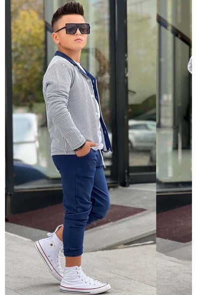Erkek Çocuk Su Yolu Çizgili Ceket Penye Kazak 2 İplik Pantolon Lacivert Alt Üst Takım