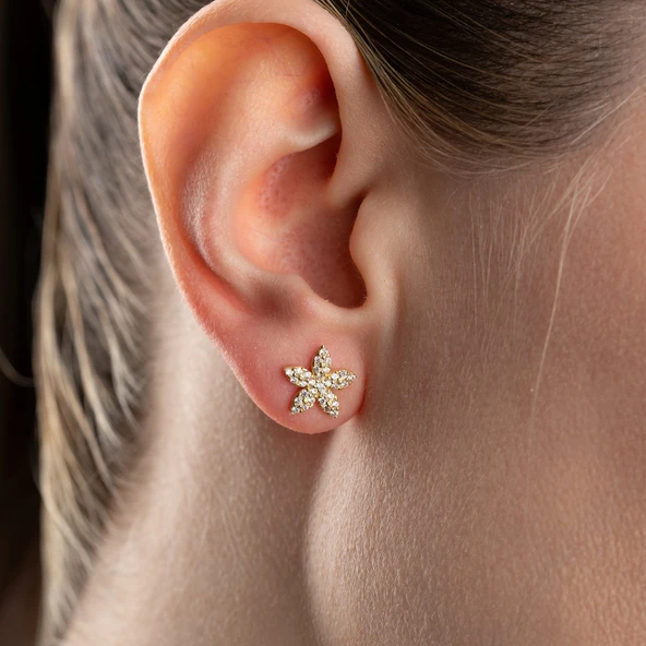 925 Ayar Gümüş Taşlı Minimal Çiçek Küpe - Resim 5