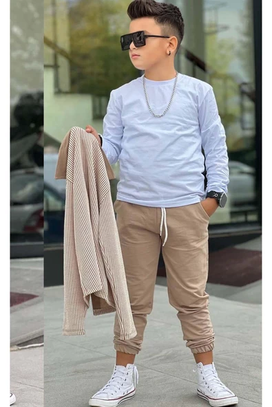 Erkek Çocuk Su Yolu Çizgili Ceket Penye Kazak 2 İplik Pantolon Krem Alt Üst Takım - 2