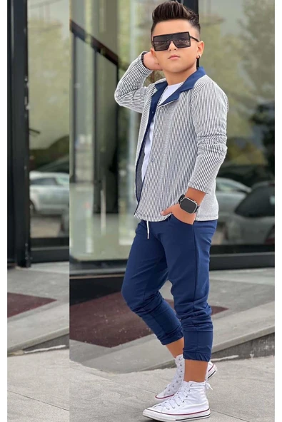 Erkek Çocuk Su Yolu Çizgili Ceket Penye Kazak 2 İplik Pantolon Lacivert Alt Üst Takım - 2