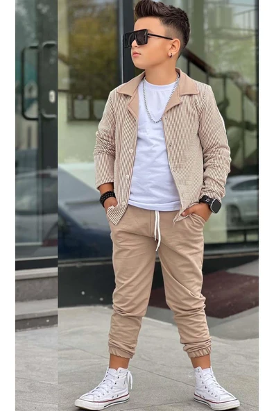 Erkek Çocuk Su Yolu Çizgili Ceket Penye Kazak 2 İplik Pantolon Krem Alt Üst Takım - 4