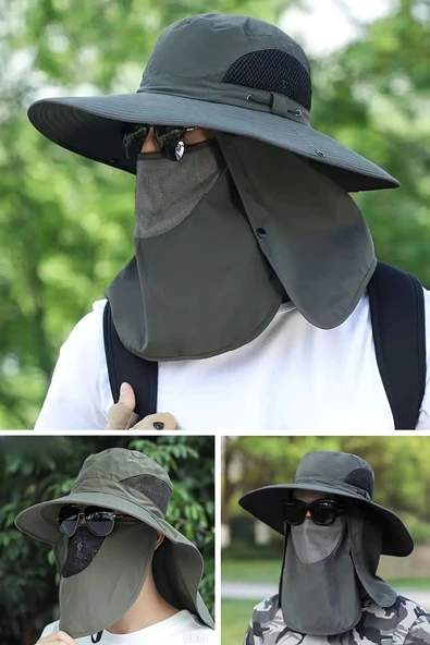 NACTUMU Ekstra Geniş Dahili Maskeli Polyester Güneş Şapkası Balıkçılık, Yürüyüş, Açık Hava Sporları için ürün görseli