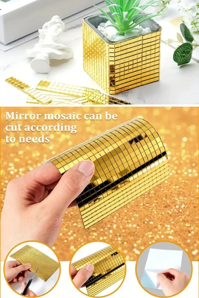 NACTUMU Kendinden Yapışkanlı Gold Mozaik Duvar Çıkartmaları, Cam Ayna Akrilik Karolar 30.30 CM ürün görseli