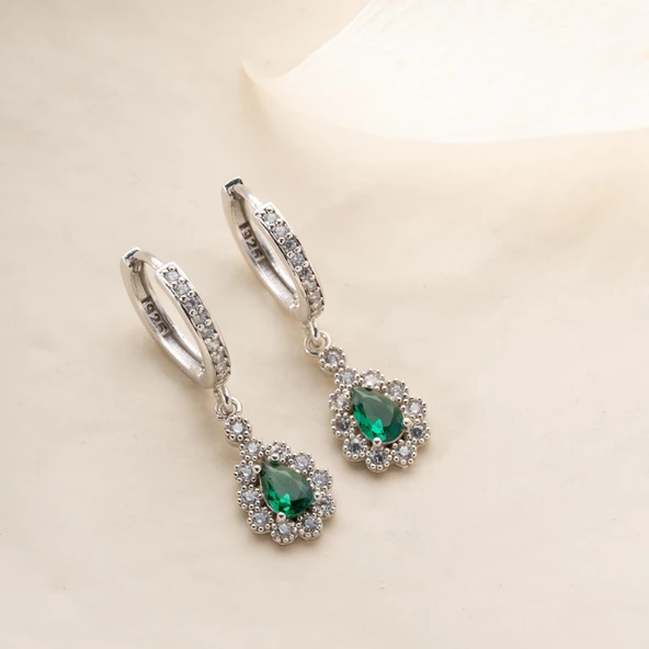 925 Ayar Gümüş Yeşil Damla Taşlı Küpe - Resim 2