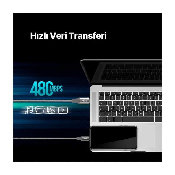 Alumicable Usb-C - Usb-C 200CM 65W Pd/qc Hızlı Şarj/data Kablosu Uzay Grisi 2DK51UG - Resim 4