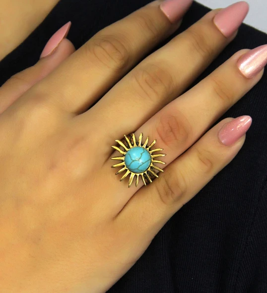 Doğal Taş Firuze Doğal Taşlı Güneş Model Kadın Ayarlanabillir Yüzük euy73f - Resim 2