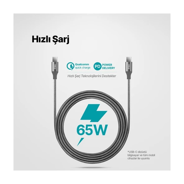 Alumicable Usb-C - Usb-C 200CM 65W Pd/qc Hızlı Şarj/data Kablosu Uzay Grisi 2DK51UG - Resim 2