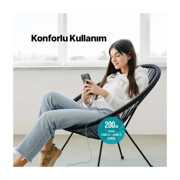 Alumicable Usb-C - Usb-C 200CM 65W Pd/qc Hızlı Şarj/data Kablosu Uzay Grisi 2DK51UG - Resim 3