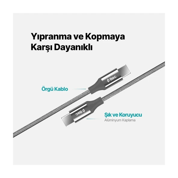 Alumicable Usb-C - Usb-C 200CM 65W Pd/qc Hızlı Şarj/data Kablosu Uzay Grisi 2DK51UG - Resim 5