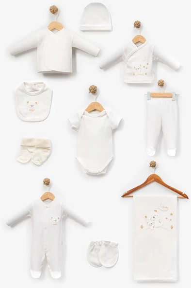 Bebitof  %100 Pamuk Sevimli Yavru Koala Desenli 10 Parça Kutulu Yenidoğan Hastane Çıkışı Zıbın Seti Ekru BBTF.EKR.10131