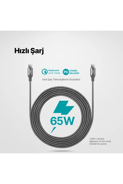 AlumiCable USB-C - USB-C 300cm 65W PD/QC Hızlı Şarj/Data Kablosu Uzay Grisi - Resim 2