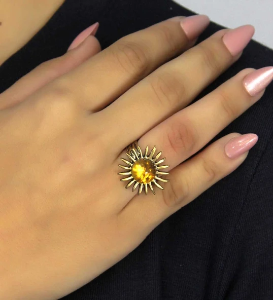 Doğal Taş Sitrin Doğal Taşlı Antik Model Kadın Ayarlanabillir Yüzük euy73s - Resim 2