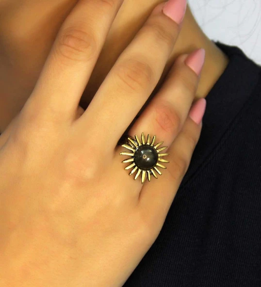 Doğal Taş Labradorit Doğal Taşlı Antik Güneş Model Kadın Ayarlanabillir Yüzük euy73lbt - Resim 2