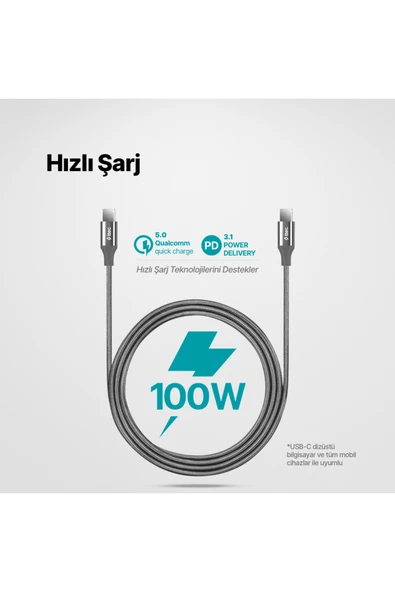 AlumiCable USB-C - USB-C 150cm 100W PD/QC Hızlı Şarj/Data Kablosu Uzay Grisi - Resim 2