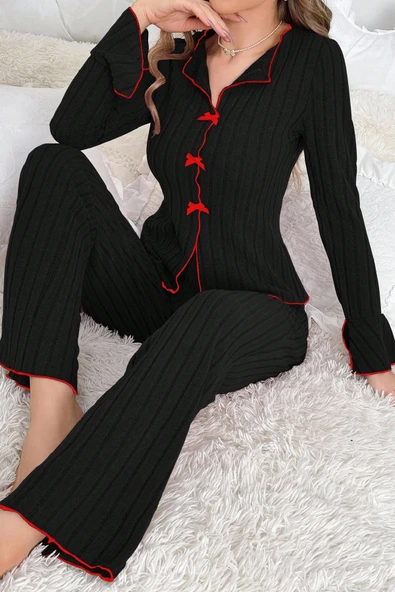 Kadın Siyah Kırmızı Biyeli ve Fiyonklu Uzun Kollu Mevsimlik Pijama Takımı - Resim 6