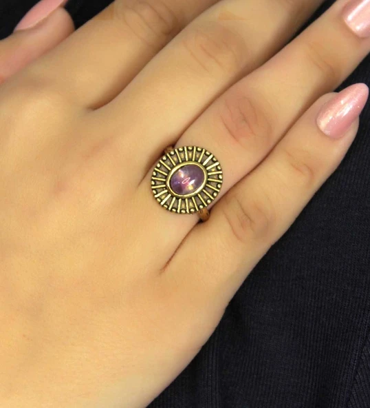 Doğal Taş Ametist Doğal Taşlı Antik Model Kadın Ayarlanabillir Yüzük euy74amt - Resim 2