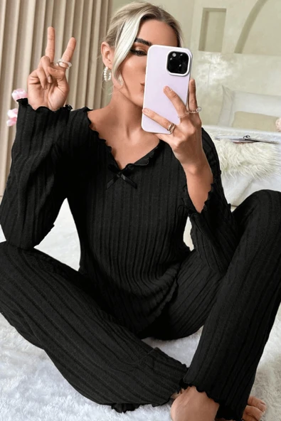 Kadın Siyah Uzun Kollu Fiyonklu Yuvarlak Yaka Mevsimlik Pijama Takımı - Resim 6