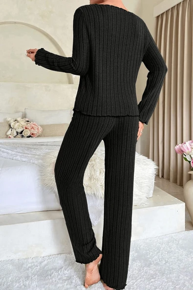 Kadın Siyah Uzun Kollu Fiyonklu Yuvarlak Yaka Mevsimlik Pijama Takımı - Resim 4