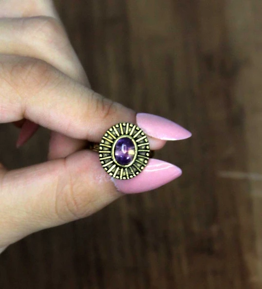 Doğal Taş Ametist Doğal Taşlı Antik Model Kadın Ayarlanabillir Yüzük euy74amt - Resim 3